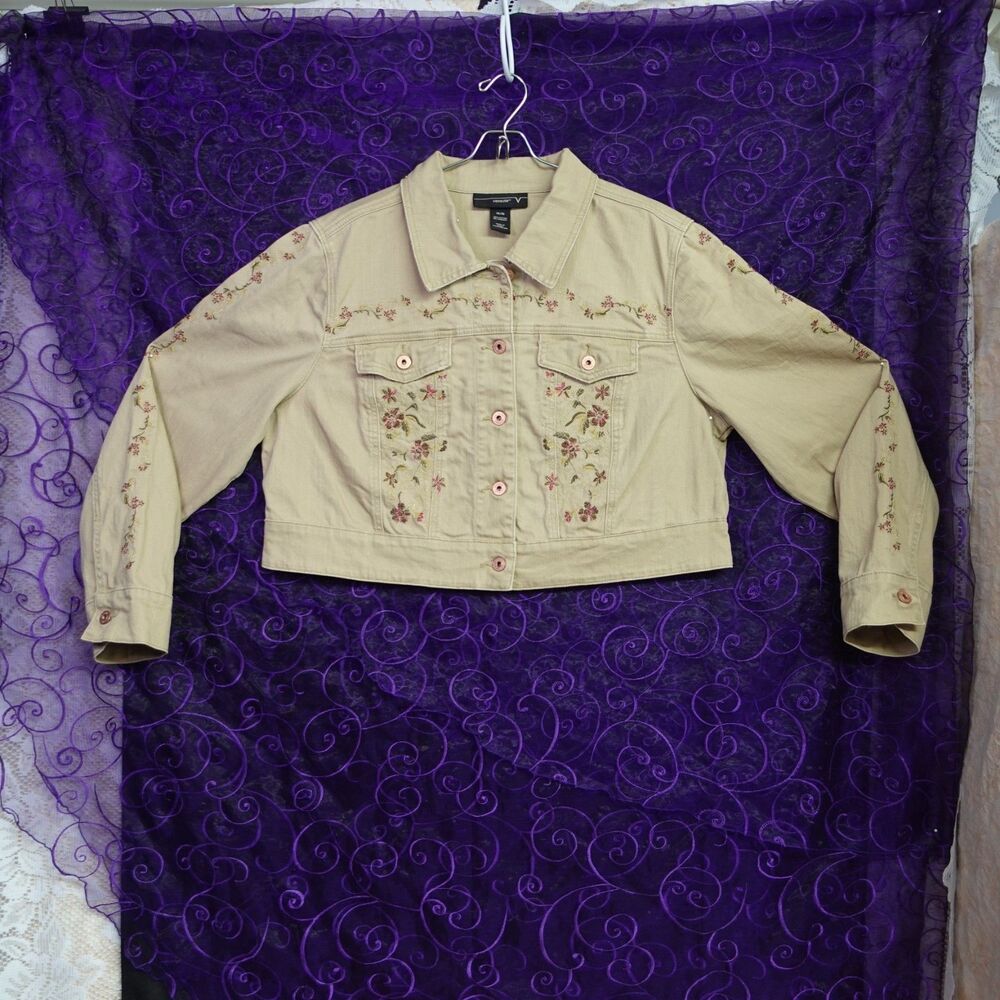 Venezia Womens Size 14/16 Cropped Jean Jacket Beige Tan Embroidered Gypsy Floral
